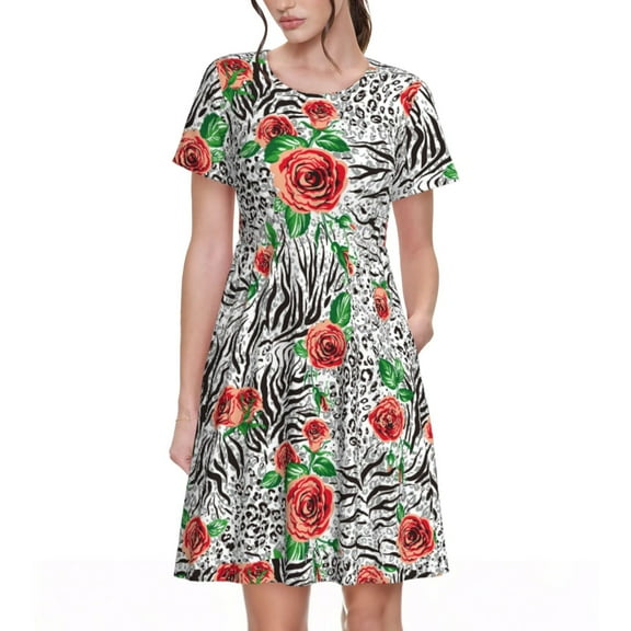 Lsque Roses Mixed Zebra 1 Print Women's Casual Dress T-Shirt Summer Short Sleeve Scoop Neck Swing Dresses