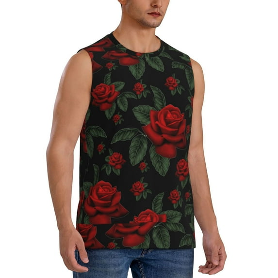 Lsque Roses Print Men's Cotton Blend Sleeveless Muscle Shirts (S-3XL)- Moisture Wicking, Odor Protection, UPF 30+,Large