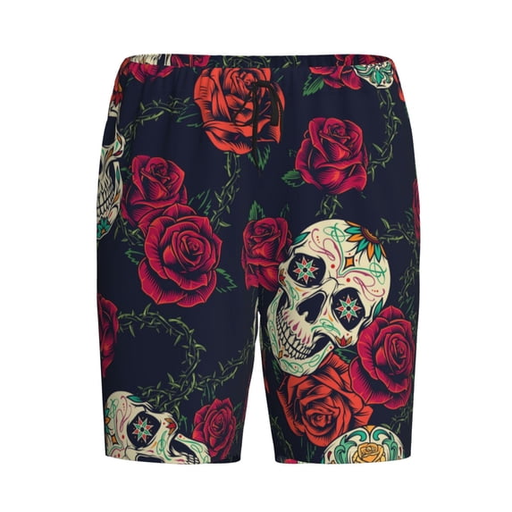 Lsque Roses Skulls Mens Sleep Pajama Shorts,Short Pajama Pants, Cotton Ultra-Soft Knit-4X-Large