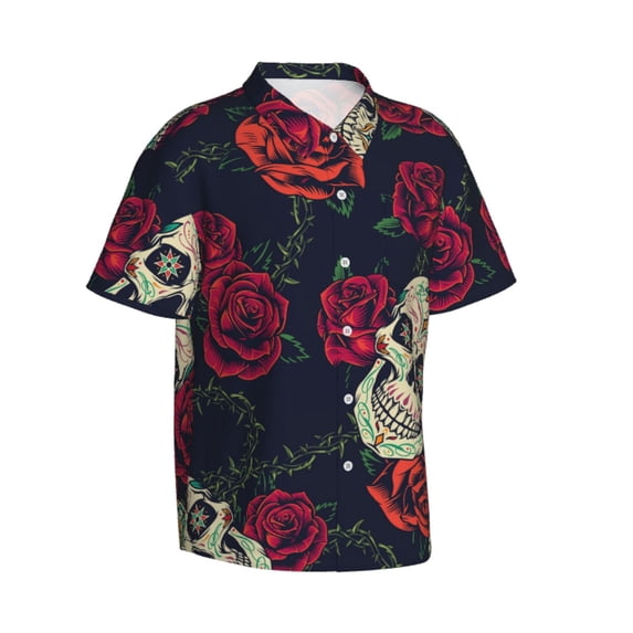 Lsque Roses Skulls pattern Hawaiian Shirt for Men, Unisex Summer Beach Casual Short Sleeve Button Down Shirts-X-Large
