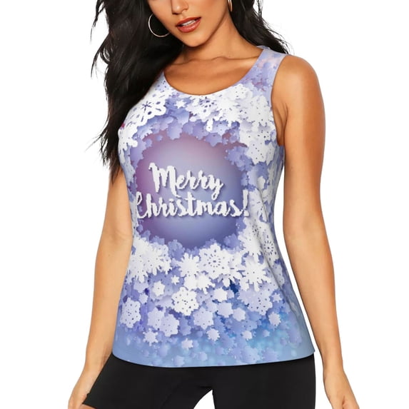 Lsque Round Snow Merry Christmas Printed Workout Tank Tops for Women, Athletic Sports Tank Tops, Compression Sleeveless Dry Fit Shirts,Sleeveless Yoga Shirt-X-Large