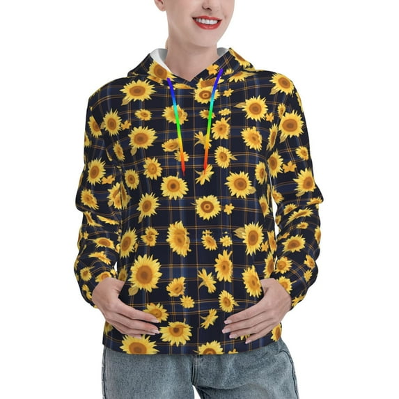 Lsque Royal Blue Plaid Sunflower Pattern Casual Women's Hoodie,Hooded Sweatshirt with Kangaroo Pocket,Pullover Hoodie with Eye-catching Drawstrings-