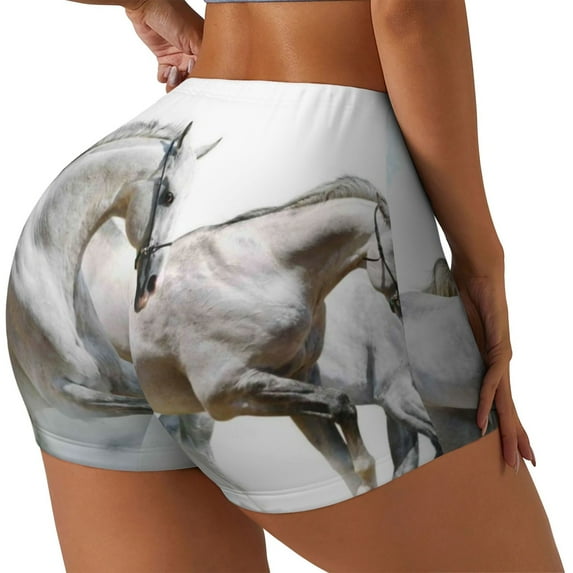 Lsque Running White Horses Pattern High Waisted Biker Shorts for Women-Tummy Control Fitness Athletic Workout Running Yoga Gym Shorts,Moisture-Wicking-X-Large