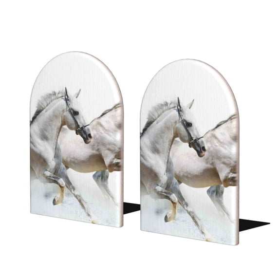 Lsque Running White Horses Printed Wood Bookends,Non-Skid Bookend for Shelves,Heavy Duty Support Bookends,Non-Slip Foam Pads for Office, Home, and Library,1 Pair