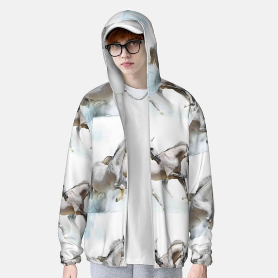 Lsque Running White Horses UPF 50+ Lightweight Sun Protection Men's Women's Long Sleeve Shirt, Hoodie Performance -Medium
