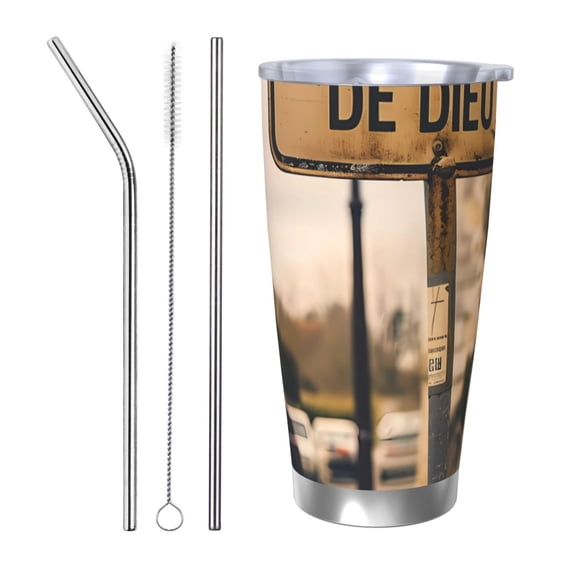 Lsque Rustic French Signpost Pattern 20oz Car Cup with Lid and Straw, Insulated Coffee Cup with Straw Topper, Spill Proof Travel Coffee Mug, Stainless Steel Tumble-Straw Three-piece Set