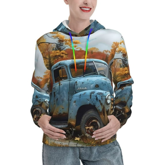Lsque Rustic Vintage Truck Autumn Pattern Casual Women's Hoodie,Hooded Sweatshirt with Kangaroo Pocket,Pullover Hoodie with Eye-catching Drawstrings-X-Large
