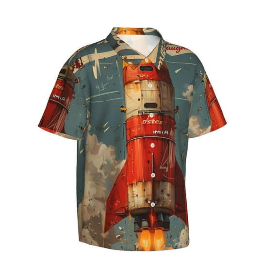 Lsque Rusty Rocket Launch pattern Hawaiian Shirt for Men, Unisex Summer Beach Casual Short Sleeve Button Down Shirts-X-Large