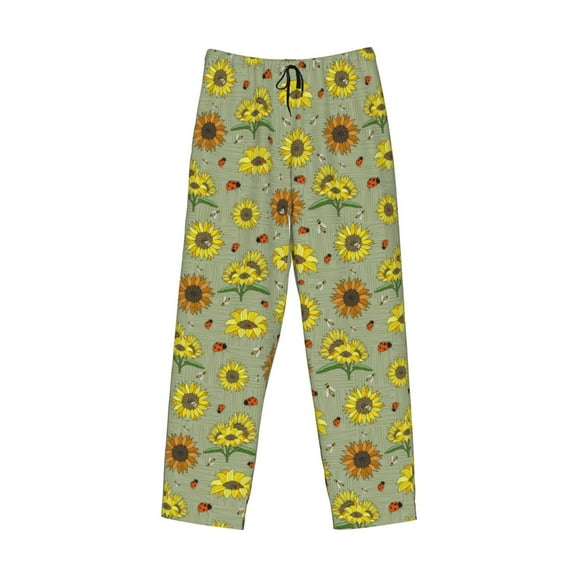 Lsque Sage Green With Sunflowers Print Men's Pajama Pants, Lounge Pant - Comfortable Home Wear,Elastic Waistband, Stylish Design-X-Large