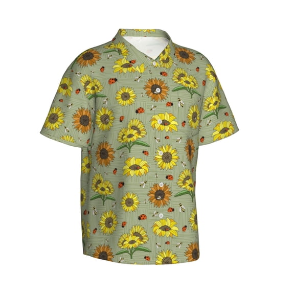 Lsque Sage Green With Sunflowers pattern Hawaiian Shirt for Men, Unisex Summer Beach Casual Short Sleeve Button Down Shirts-X-Large