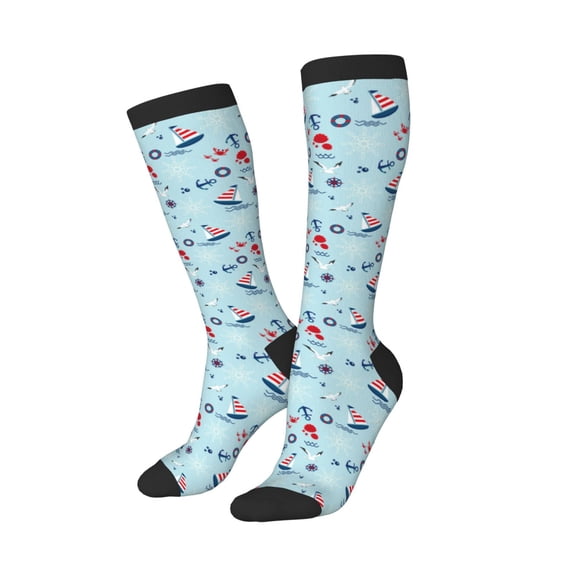 Lsque Sailboats Anchors Printed Crew Socks Men's Women's LightWeight Thin Casual Calf Socks ,Knee High Socks,Cotton Socks