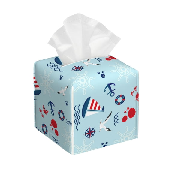 Lsque Sailboats Anchors Printed Tissue Box Cover Holder, Facial Paper Organizer Dispenser,Square with Bottom Belt, PVC Leather Decorative Organizer