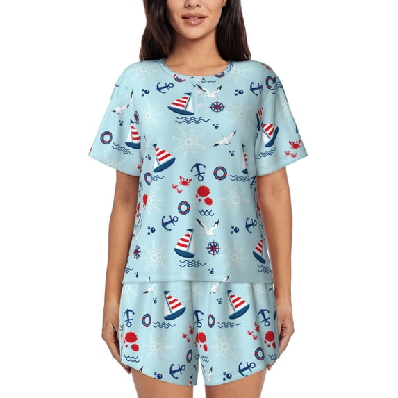 Lsque Sailboats Anchors Women's Short-Sleeved Pajama Set - 2 Piece Soft and Lightweight Sleepwear Set-Large