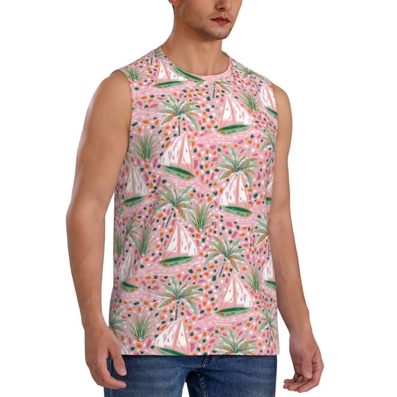 Lsque Sailboats And Palm Tree Print Men's Cotton Blend Sleeveless Muscle Shirts (S-3XL)- Moisture Wicking, Odor Protection, UPF 30+,Medium