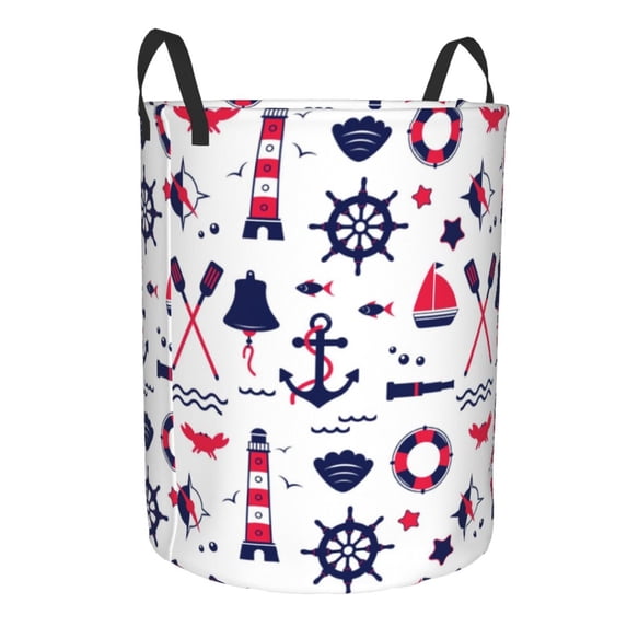 Lsque Sailing Marine Travel pattern Laundry Hamper Basket, Tall Woven Rope Hamper Basket for Clothes, Lightweight Storage Basket, Collapsible Waterproof-Small