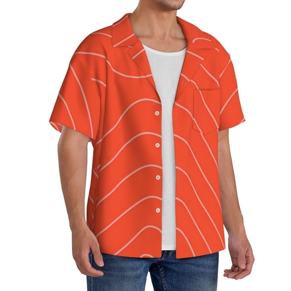 Lsque Salmon Fish Meat print Men's Cuban Collar Short Sleeve Shirt Summer Beachwear Casual Button Down Fashionable Vacation Leisure Shirt-X-Large