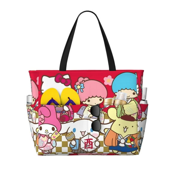 Lsque Sanrio Beach Travel Bag - Water-Resistant, Large Capacity Lightweight Tote with 7 Pockets for Women and Men - Perfect for Beach, Pool, Gym, and Travel