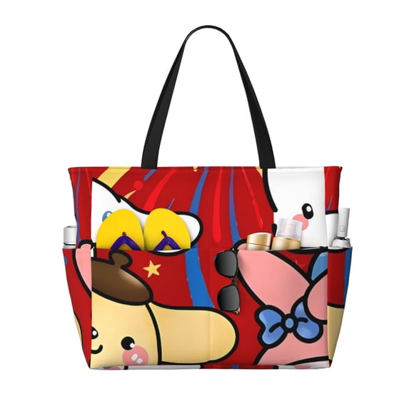 Lsque Sanrio Beach Travel Bag - Water-Resistant, Large Capacity Lightweight Tote with 7 Pockets for Women and Men - Perfect for Beach, Pool, Gym, and Travel