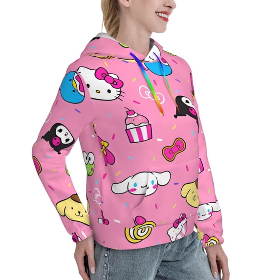 Lsque Sanrio Pattern Casual Women's Hoodie,Hooded Sweatshirt with Kangaroo Pocket,Pullover Hoodie with Eye-catching Drawstrings-Large