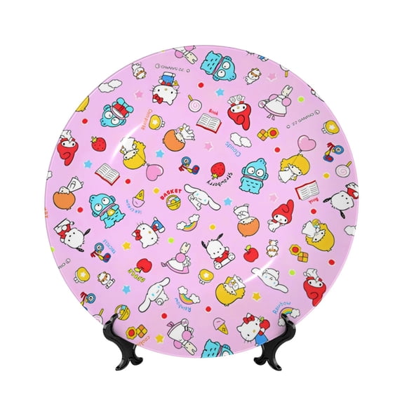 Lsque Sanrio Pattern Ceramic Decorative Plate Decorative Plates with Display Stand Personalized Porcelain Plate Ceramic Ornaments for Wall Hanging Decoration-8in
