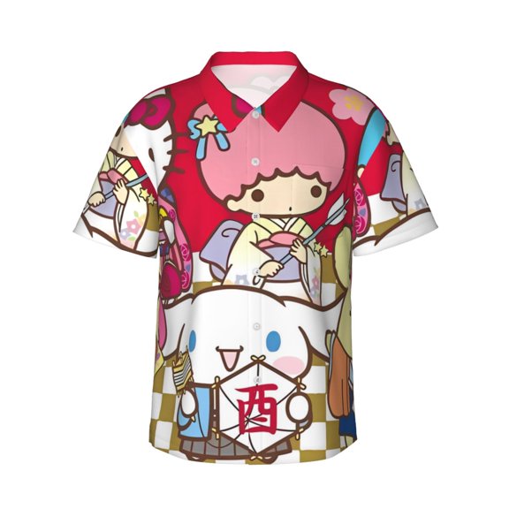 Lsque Sanrio Pattern Hawaiian Shirt for Men Unisex Summer Beach Casual Short Sleeve Cotton Linen Button Down Shirts-3X-Large