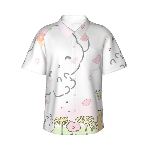 Lsque Sanrio Pattern Hawaiian Shirt for Men Unisex Summer Beach Casual Short Sleeve Cotton Linen Button Down Shirts-Large