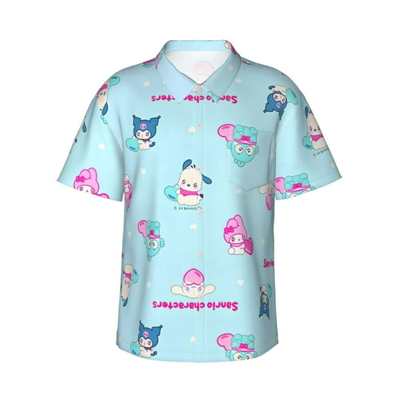 Lsque Sanrio Pattern Hawaiian Shirt for Men Unisex Summer Beach Casual Short Sleeve Cotton Linen Button Down Shirts-Large