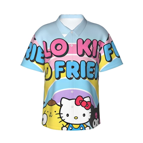 Lsque Sanrio Pattern Hawaiian Shirt for Men Unisex Summer Beach Casual Short Sleeve Cotton Linen Button Down Shirts-Medium