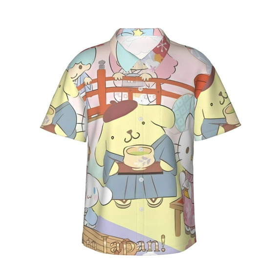 Lsque Sanrio Pattern Hawaiian Shirt for Men Unisex Summer Beach Casual Short Sleeve Cotton Linen Button Down Shirts-X-Large