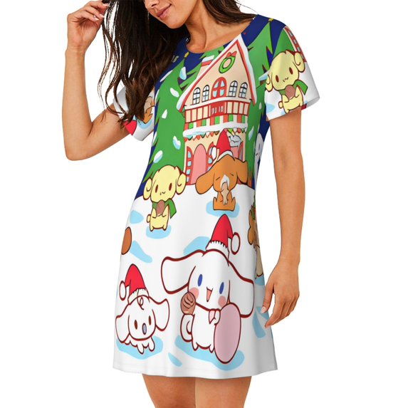 Lsque Sanrio Pattern Nightgowns for Women Sleep Shirts Short Sleeve Nightshirt Pullover Nightdress Soft Sleepwear Relaxed Fit Nightdress