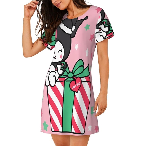 Lsque Sanrio Pattern Nightgowns for Women Sleep Shirts Short Sleeve Nightshirt Pullover Nightdress Soft Sleepwear Relaxed Fit Nightdress
