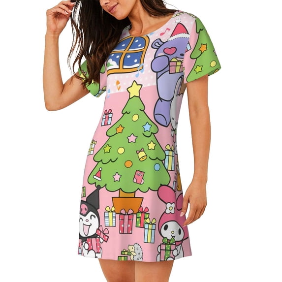 Lsque Sanrio Pattern Nightgowns for Women Sleep Shirts Short Sleeve Nightshirt Pullover Nightdress Soft Sleepwear Relaxed Fit Nightdress
