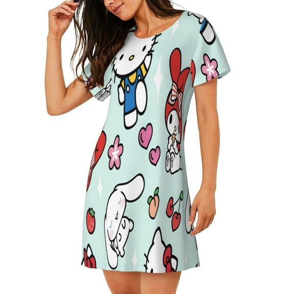 Lsque Sanrio Pattern Nightgowns for Women Sleep Shirts Short Sleeve Nightshirt Pullover Nightdress Soft Sleepwear Relaxed Fit Nightdress