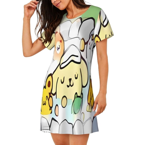 Lsque Sanrio Pattern Nightgowns for Women Sleep Shirts Short Sleeve Nightshirt Pullover Nightdress Soft Sleepwear Relaxed Fit Nightdress