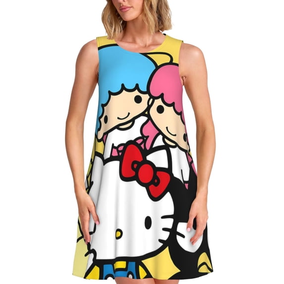 Lsque Sanrio Pattern Summer Dresses for Women – Sleeveless T-Shirt Swing Sundress, Perfect for the Beach and Casual Days