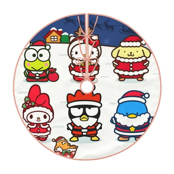 Lsque Sanrio Print Christmas Tree Skirt with Ties and Velcro,Xmas Holiday Decorations, Adjustable Tree Skirt-30"