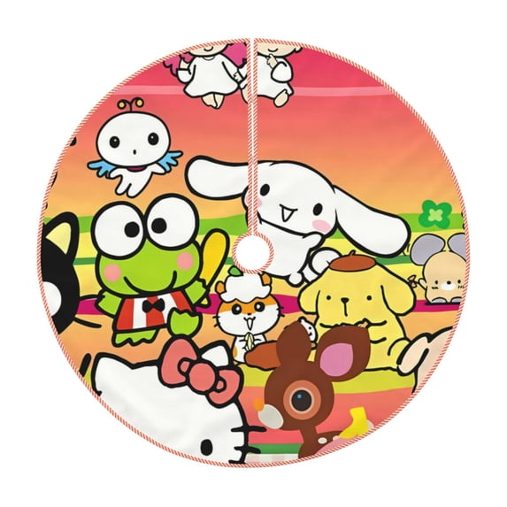 Lsque Sanrio Print Christmas Tree Skirt with Ties and Velcro,Xmas Holiday Decorations, Adjustable Tree Skirt-36"