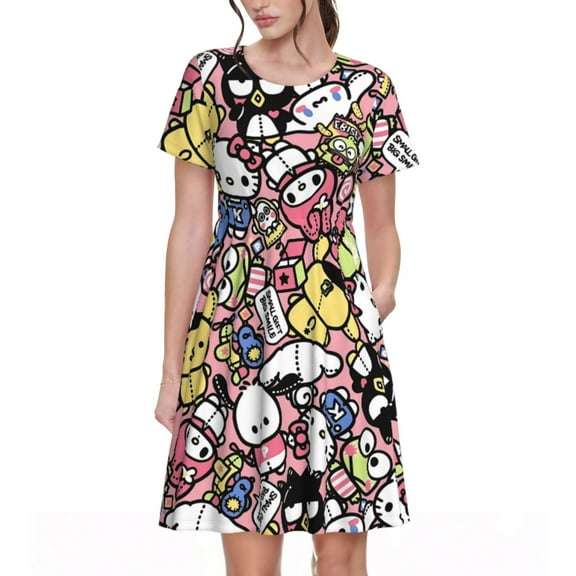 Lsque Sanrio Print Women's Casual Dress T-Shirt Summer Short Sleeve Scoop Neck Swing Dresses