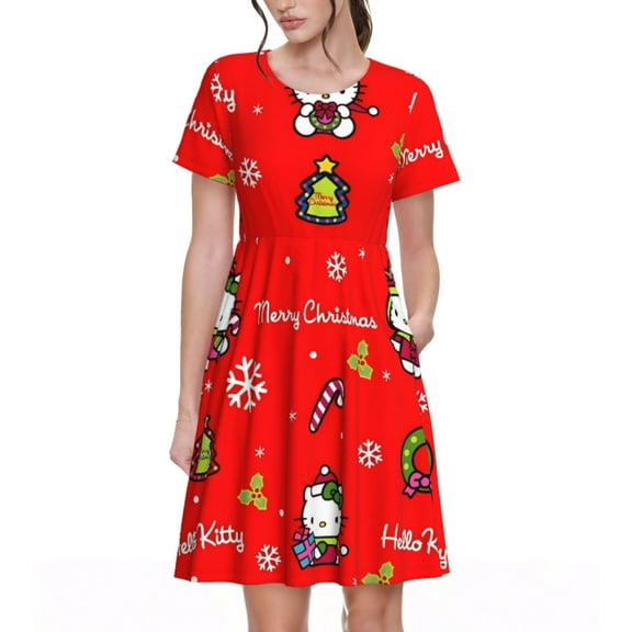 Lsque Sanrio Print Women's Casual Dress T-Shirt Summer Short Sleeve Scoop Neck Swing Dresses