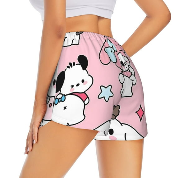 Lsque Sanrio Printed Women's Running Shorts with Liner Pockets,Elastic Quick Dry Workout Athletic Gym Yoga Shorts,Womens High Waist Shorts-Large