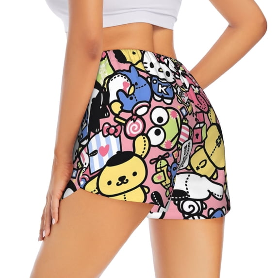 Lsque Sanrio Printed Women's Running Shorts with Liner Pockets,Elastic Quick Dry Workout Athletic Gym Yoga Shorts,Womens High Waist Shorts-X-Large