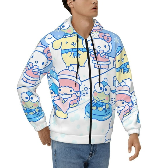 Lsque Sanrio for Mens Full-zip Hoodie, Zip-up Pullover Hooded Sweatshirt, Kangaroo Pocket Hoodie Ideal for Daily Wear, Travel, and Home-3X-Large