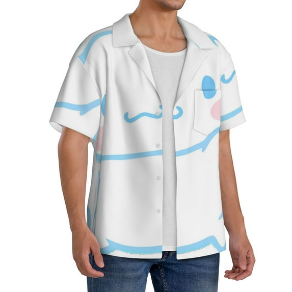 Lsque Sanrio print Men's Cuban Collar Short Sleeve Shirt Summer Beachwear Casual Button Down Fashionable Vacation Leisure Shirt-Small