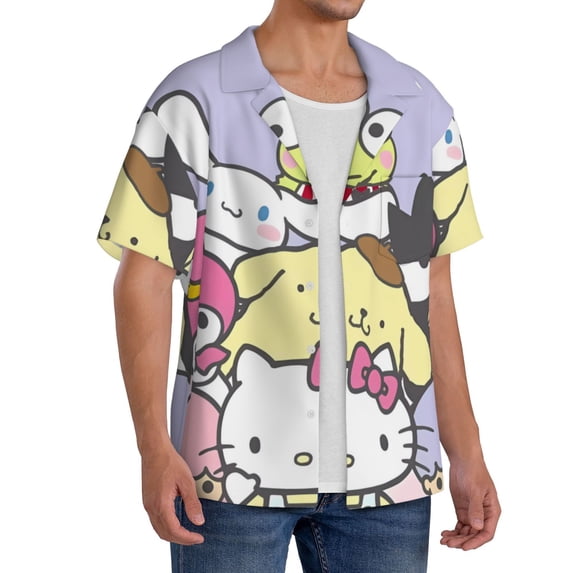 Lsque Sanrio print Men's Cuban Collar Short Sleeve Shirt Summer Beachwear Casual Button Down Fashionable Vacation Leisure Shirt-X-Large