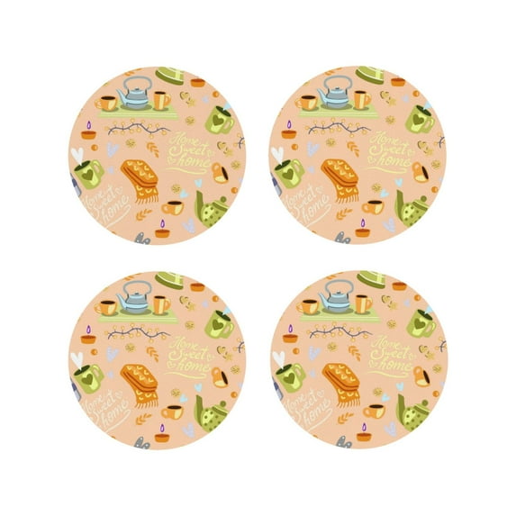 Lsque Scandinavian Style Hygge Pattern 4" Drink Coasters Set of 4, PVC Leather Absorbent Coasters, Table Coaster Set Decorative Coffee Cup Coasters Housewarming Gift -Round Shape