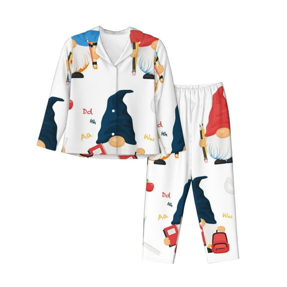 Lsque School Cute Gnomes Pattern Long Sleeve Pajama Set for Women - Soft 2-Piece Sleepwear and Loungewear Set with Pockets, Comfy Nightwear-Medium