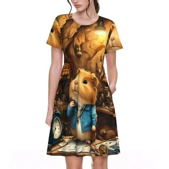 Lsque Scientist Guinea Pig Print Women's Casual Dress T-Shirt Summer Short Sleeve Scoop Neck Swing Dresses