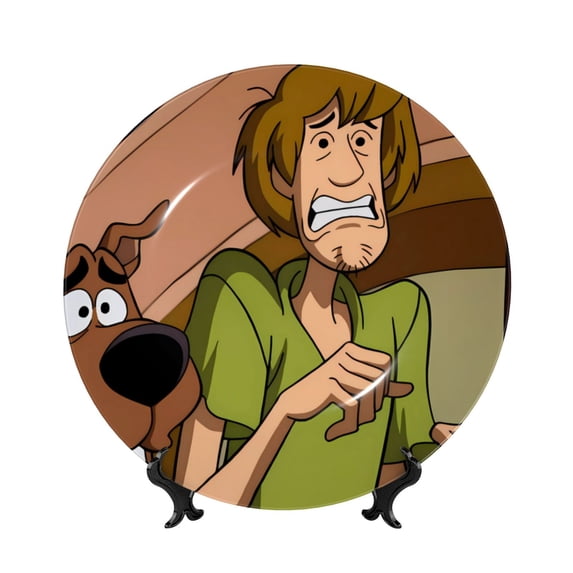Lsque Scooby-Doo Pattern Ceramic Decorative Plate Decorative Plates with Display Stand Personalized Porcelain Plate Ceramic Ornaments for Wall Hanging Decoration-7in