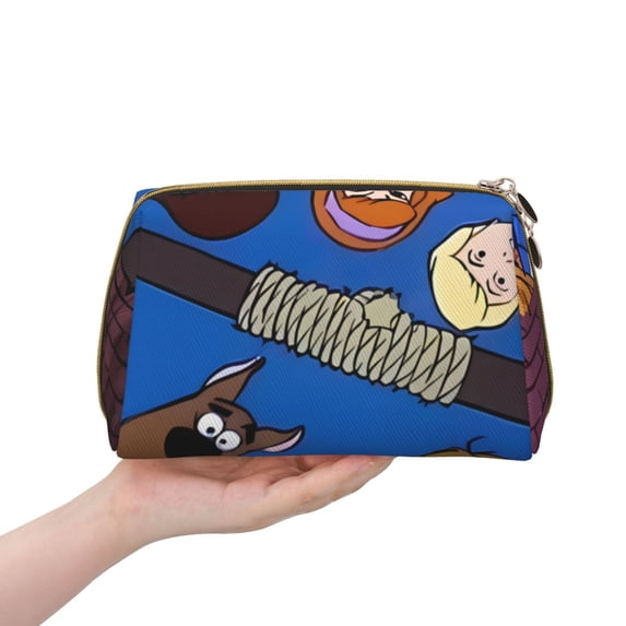 Lsque Scooby-Doo Pattern Genuine Leather Makeup Bag Cosmetic Pouch Travel Organizer Toiletry Clutch Large Capacity Travel Cosmetic Bag