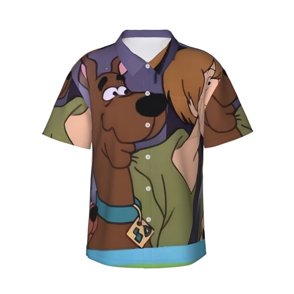 Lsque Scooby-Doo Pattern Hawaiian Shirt for Men Unisex Summer Beach Casual Short Sleeve Cotton Linen Button Down Shirts-Large